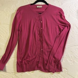 Slightly worn raspberry colored cardigan. 100% cotton size medium loft outlet